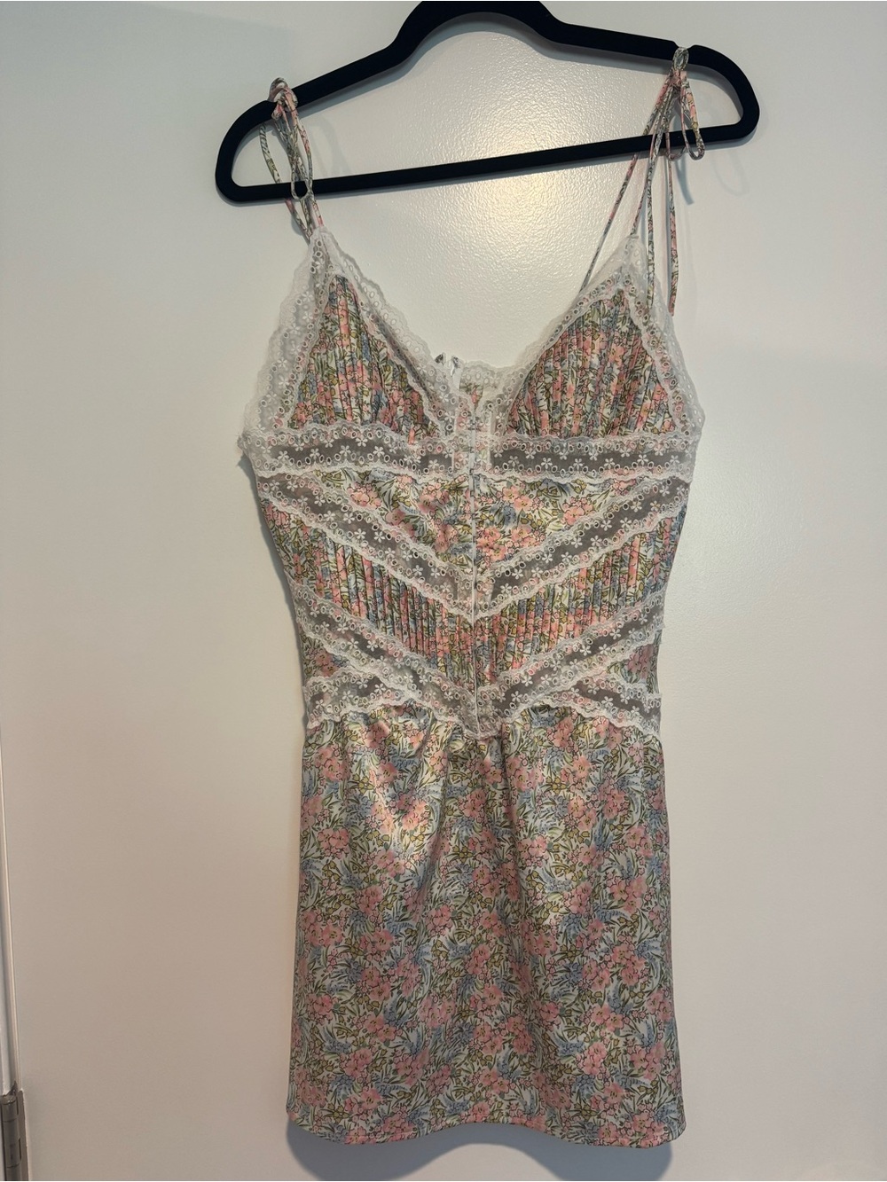 For Love & Lemons Pastel Floral Pleated Eyelet Lace Mini Dress Size L